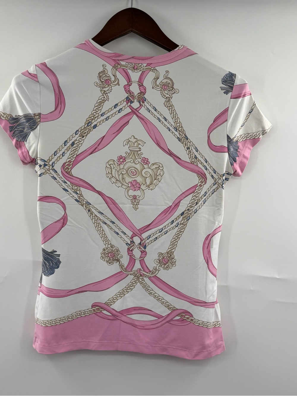J.McLaughlin Size S Pink White Equestrian Chain Print Stretch Top Short Sleeve - Picture 2 of 7